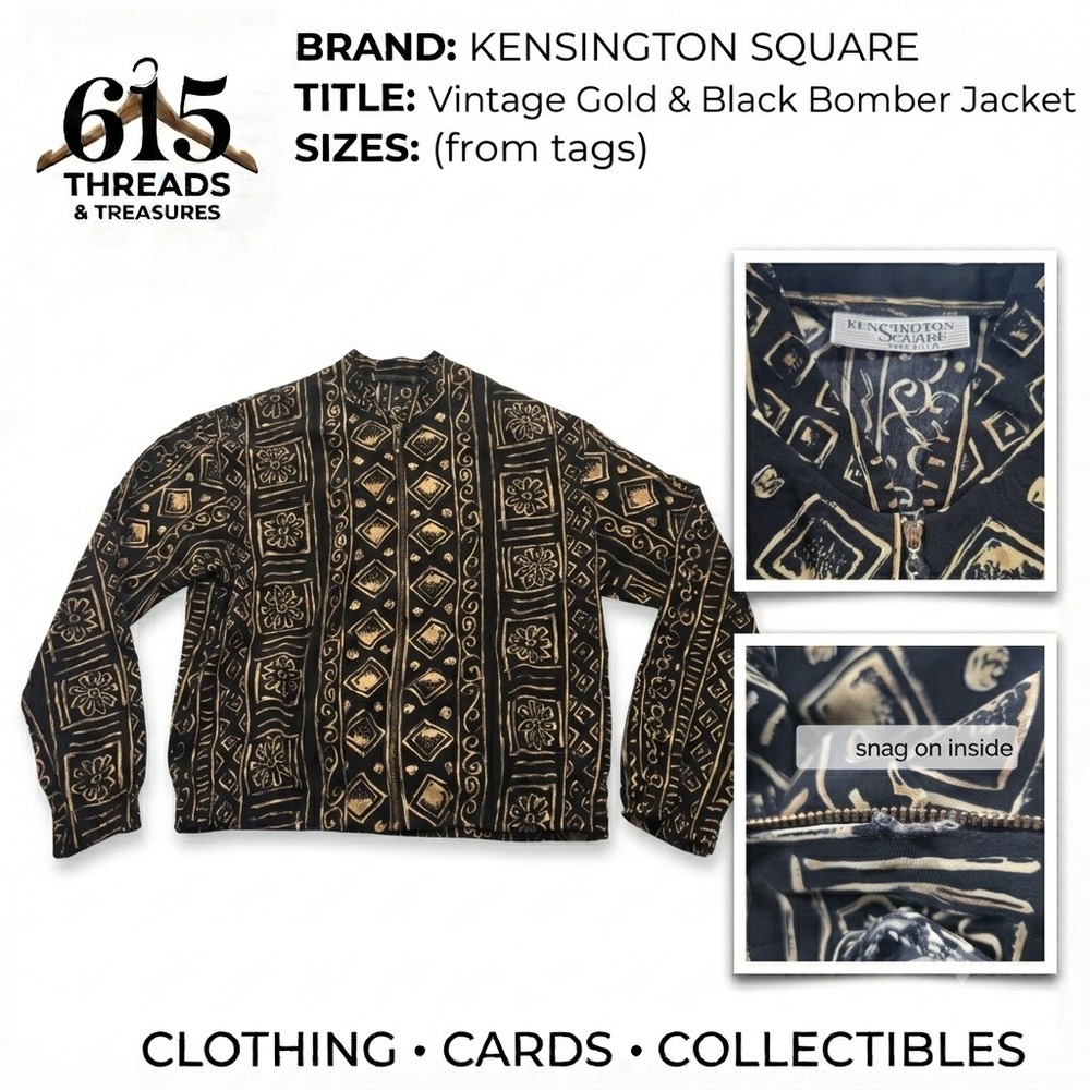 Kensington Square Vintage Gold Black Geometric Floral Bomber Jacket Made in USA
